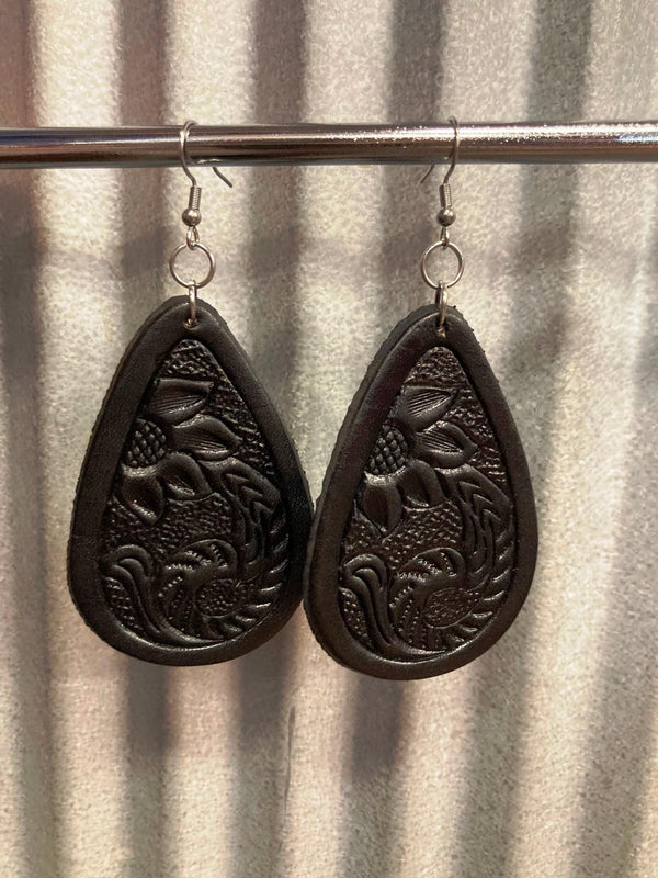 The Design Edge - TooledLeather Pear Drop Earrings - Black