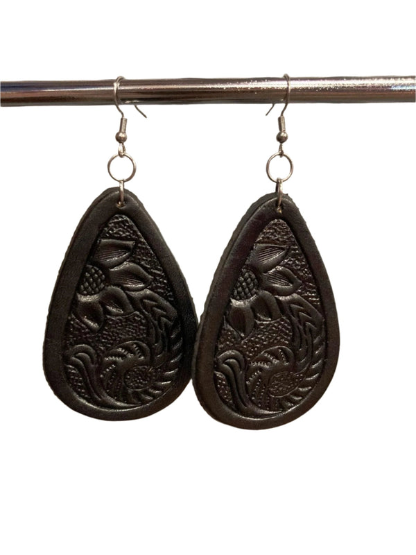 The Design Edge - TooledLeather Pear Drop Earrings - Black