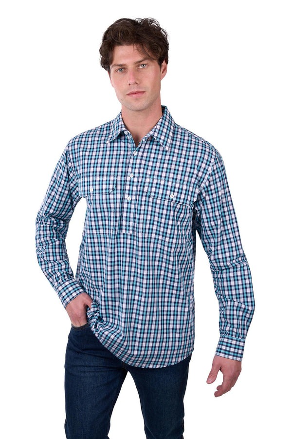 Hard Slog - Rui Half Placket L/S Shirt - Teal/Navy