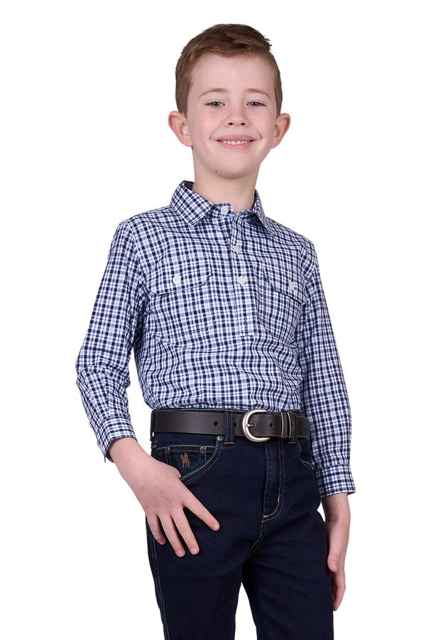 Hard Slog - Kids - Coney Half Placket L/S Shirt ~ Navy/Blue