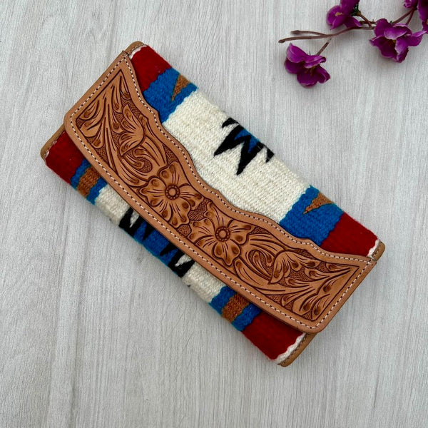 The Design Edge - SaddleBlanket Tooled Trifold Wallet-Whte