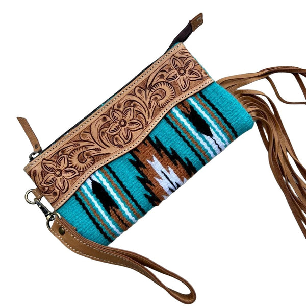 The Design Edge - SaddleBlanket Tooled Tass Clutch - Turq