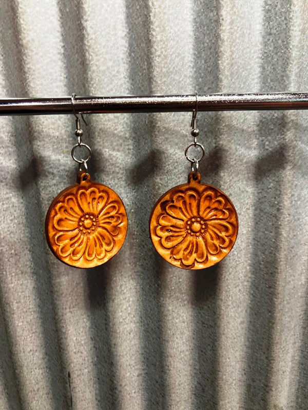 The Design Edge - TooledLeather Round Drop Earrings - Tan