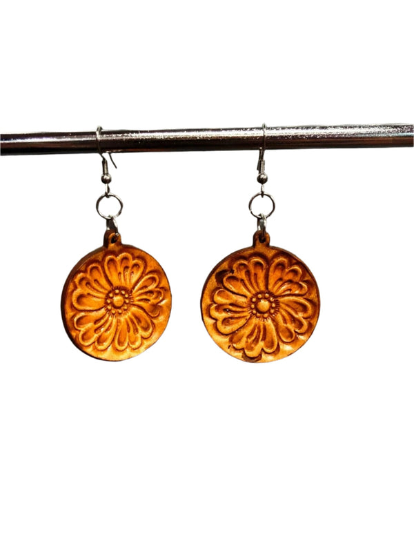 The Design Edge - TooledLeather Round Drop Earrings - Tan