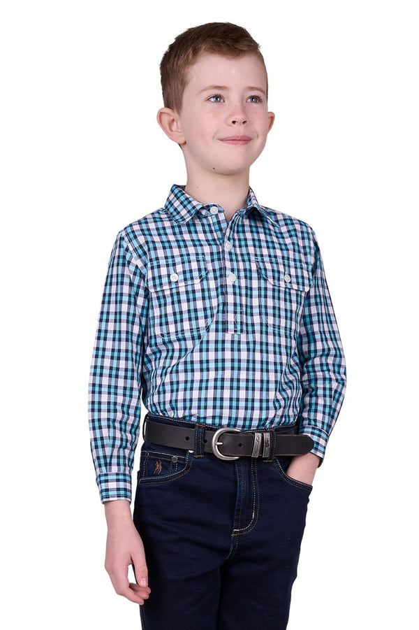 Hard Slog - Kids - Rui Half Placket L/S Shirt ~ Teal/Navy