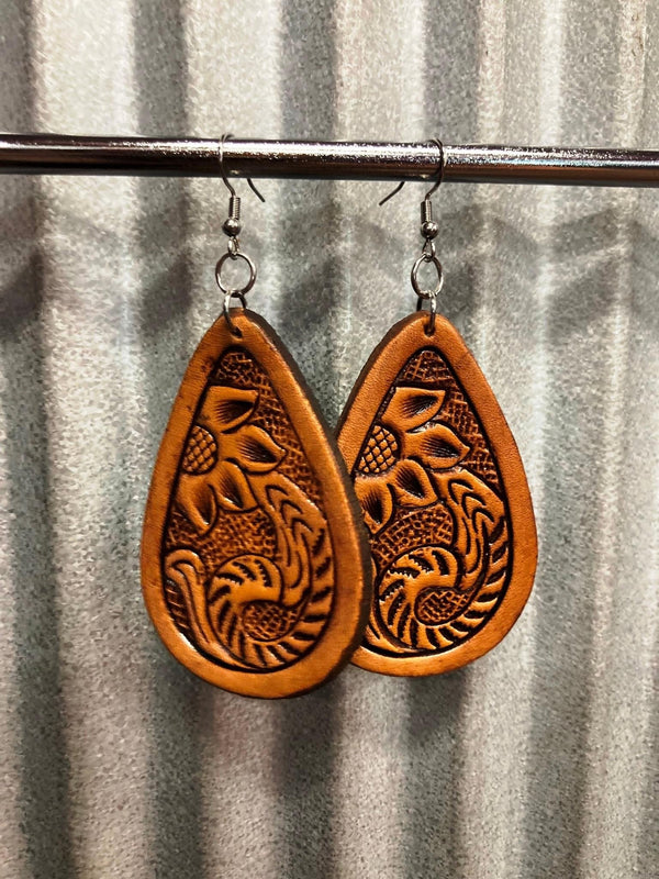 The Design Edge - TooledLeather Pear Drop Earrings - Brown