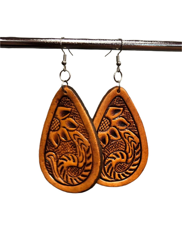 The Design Edge - TooledLeather Pear Drop Earrings - Brown