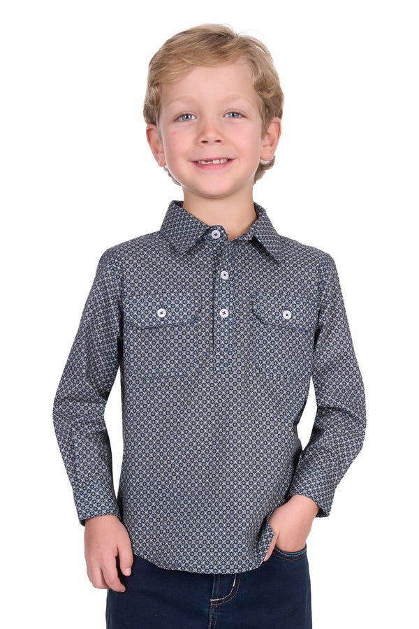 Hard Slog - Kids - Tomson Half Placket Shirt ~ Navy/Tan