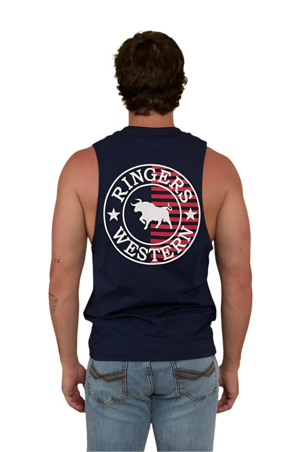 Ringers Western - Mens - Signature Bull Muscle Flag Tank - Navy