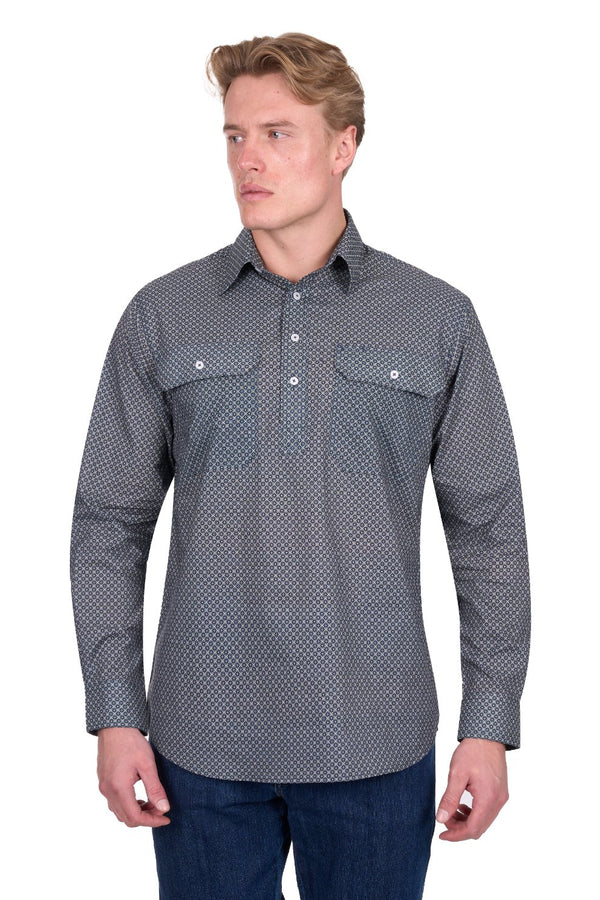 Hard Slog - Mens - Tomson Half Placket Shirt - Navy/Tan