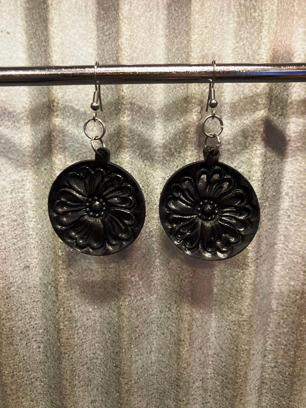 The Design Edge - TooledLeather Round Drop Earrings -Black