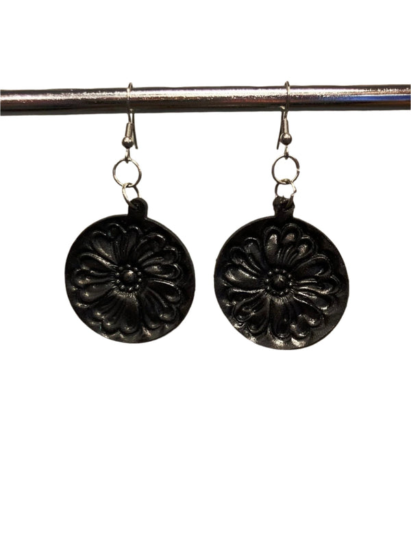 The Design Edge - TooledLeather Round Drop Earrings -Black
