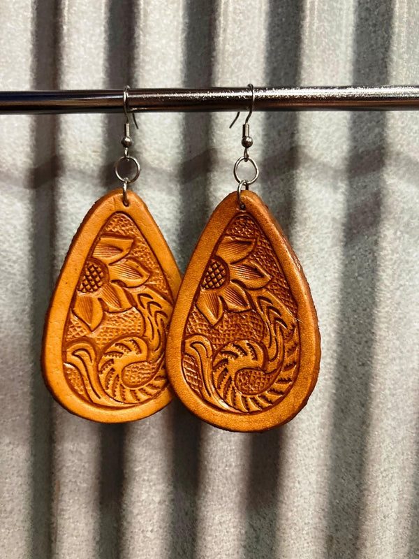 The Design Edge - TooledLeather Pear Drop Earrings - Tan