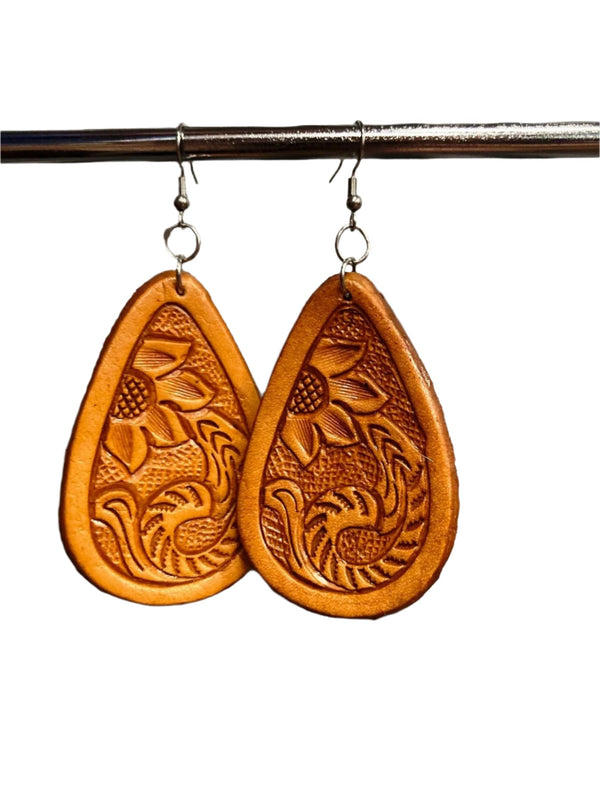 The Design Edge - TooledLeather Pear Drop Earrings - Tan