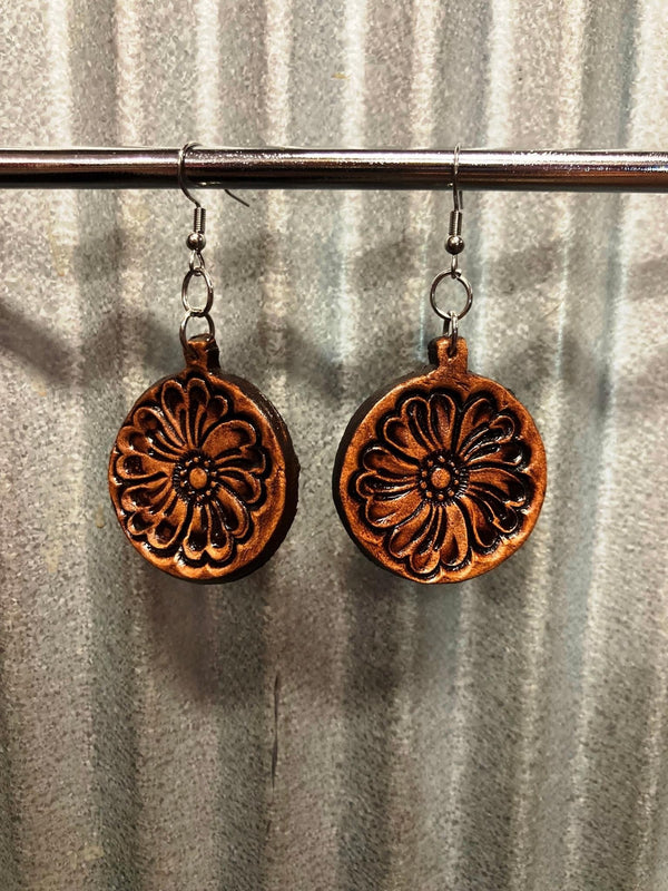The Design Edge - TooledLeather Round Drop Earrings -Brown