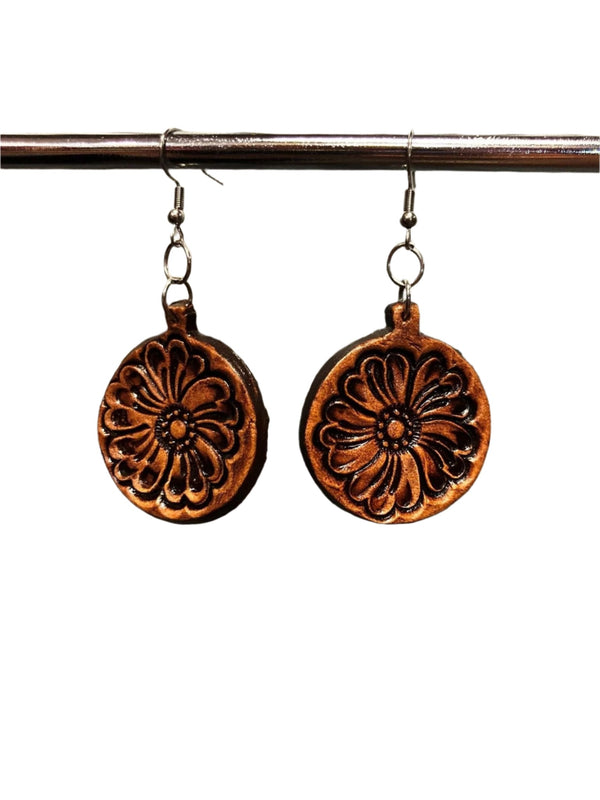 The Design Edge - TooledLeather Round Drop Earrings -Brown